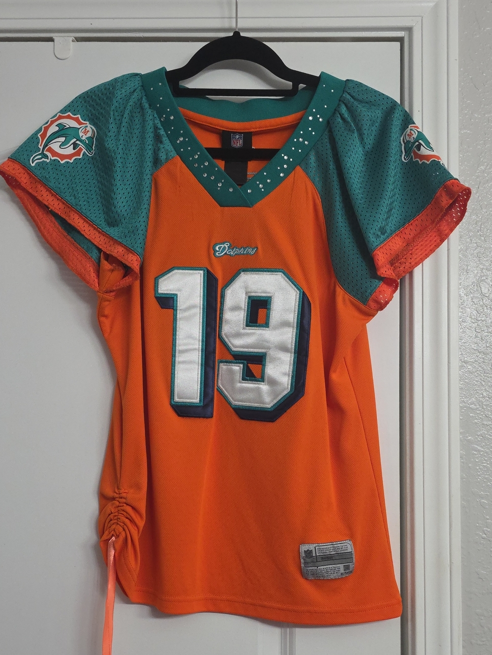 Reebok Miami Dolphins NFL Women's Teal and Orange Jersey with Rhinestones